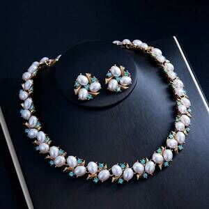 Vintage Boho Turquoise Pearl Necklace Earring Set Creative Light L Y2K
